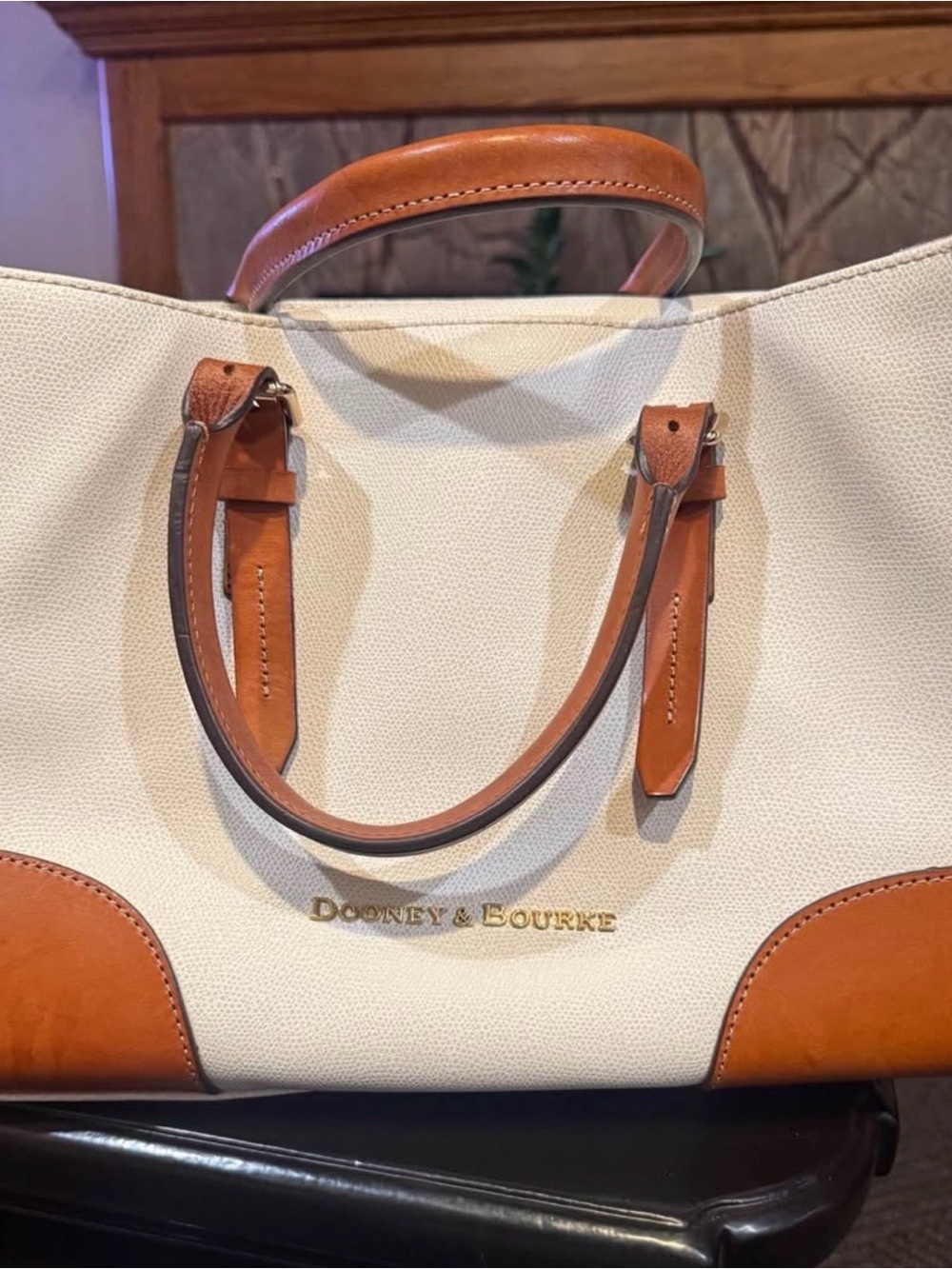 Dooney & Bourke Cream Canvas Tote with Brown Leather Trim
